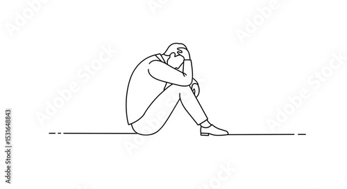 Man sitting with head in hand in minimal line illustration