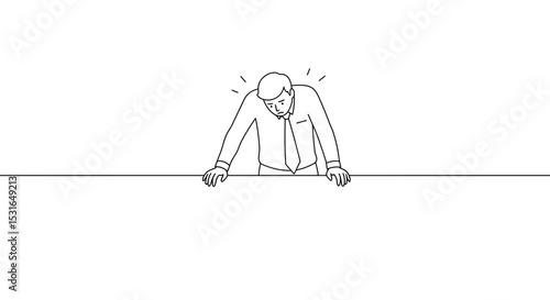 Stressed businessman leaning on table in outline drawing