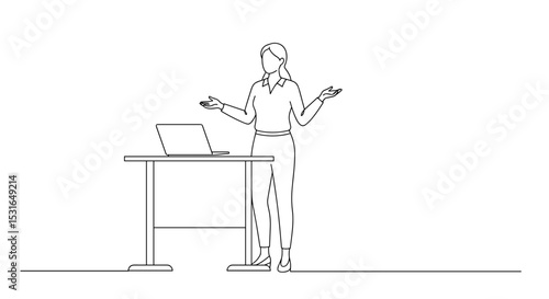 Woman presenting at laptop desk in minimal line illustration