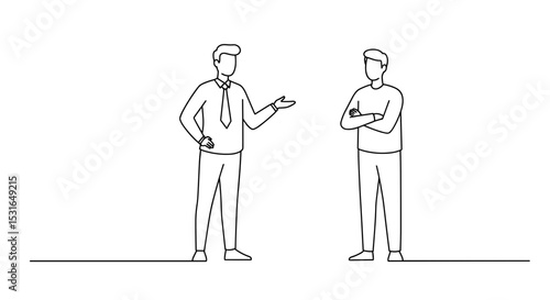 Two men in discussion with contrasting body language in line art