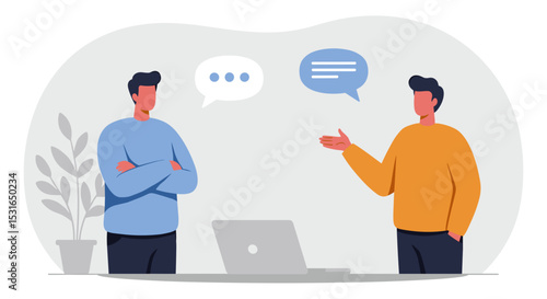 Two men discussing project in office with laptop