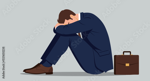 Businessman sitting on floor feeling sad with briefcase