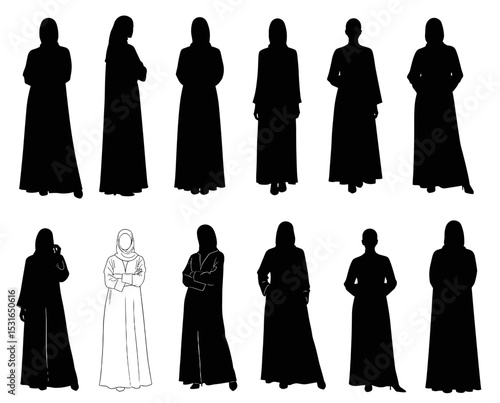 Silhouettes of women in abayas standing in various poses