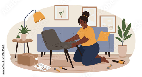 Woman assembling chair in cozy living room with tools