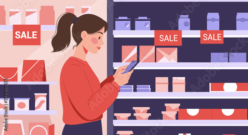 Woman grocery shopping and using smartphone illustration