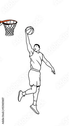 Basketball player jumping for slam dunk in line drawing style