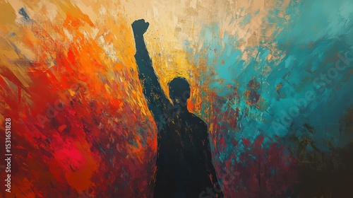 Silhouette of a man raising his fist against a vibrant, abstract background.