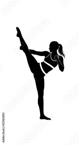 Woman performing martial arts high kick in silhouette
