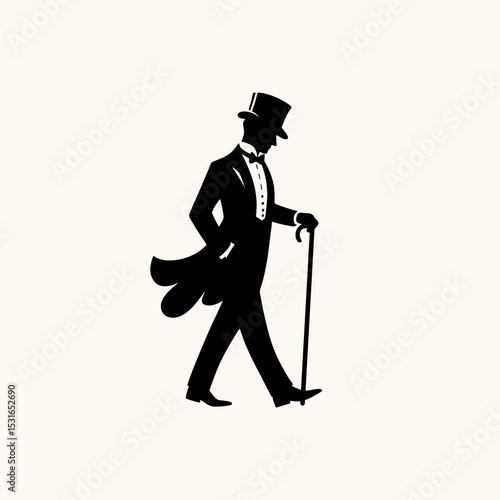 gentleman wear tuxedo suit and tophat walking with stick	

