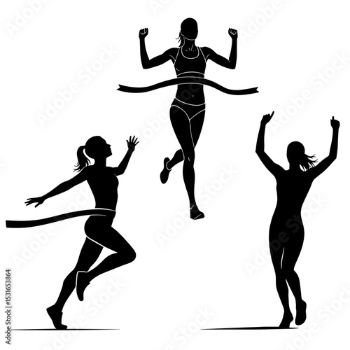 Female runners crossing finish line silhouette on white background