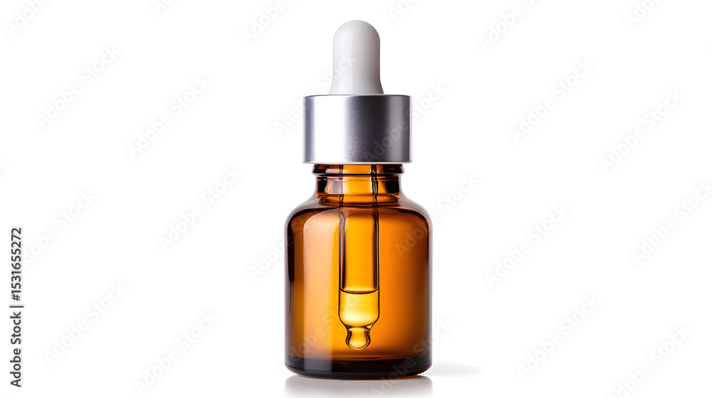 Amber glass dropper bottle with silver cap and white rubber top, front facing with clear reflection, isolated on white background, suitable for cosmetic or essential oil packaging Amber glass dropper bottle with silver cap and white rubber top, front facing with clear reflection, isolated on white background, suitable for cosmetic or essential oil packaging