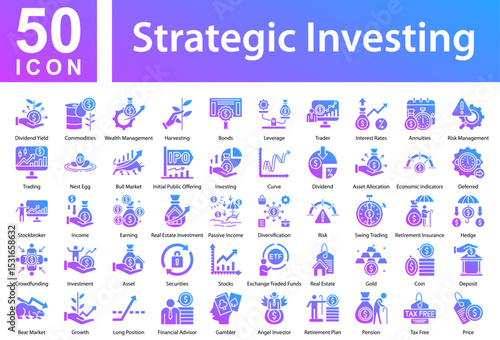 Strategic Investing Icon Collection and Simple Concept Glyph Gradient, Containing: Dividend Yield  ,Commodities  ,Wealth Management  ,Harvesting  ,Bonds  ,Leverage  ,Trader  ,Interest Rates
