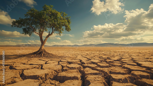 Lone tree in dry field under partly cloudy sky for World Day to Combat Desertification and Drought