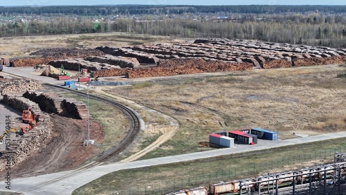 Industrial deforestation in Europe. A massive timber processing plant. Outdoor timber storage.