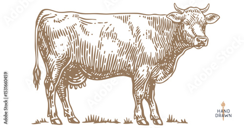 Cow, bull, beef. Retro style beef bull sketch, vintage cow drawing black white, old ink pencil artwork. Bull silhouette, side view cow profile, engraved beef print. Vector Illustration