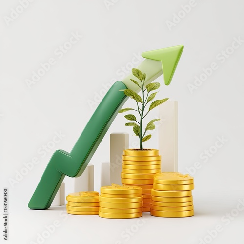 Green upward arrow over stacks of gold coins and bar graphs, with small plant
