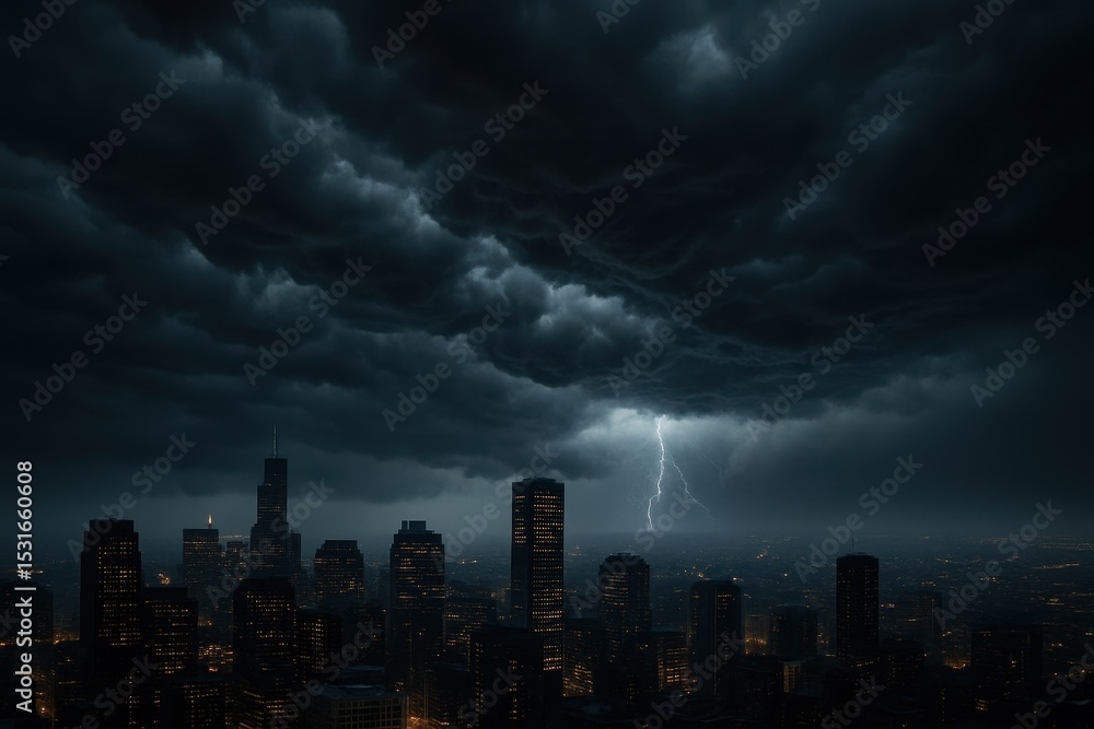 Fototapeta premium Dramatic storm clouds gathering over illuminated urban skyline at dusk