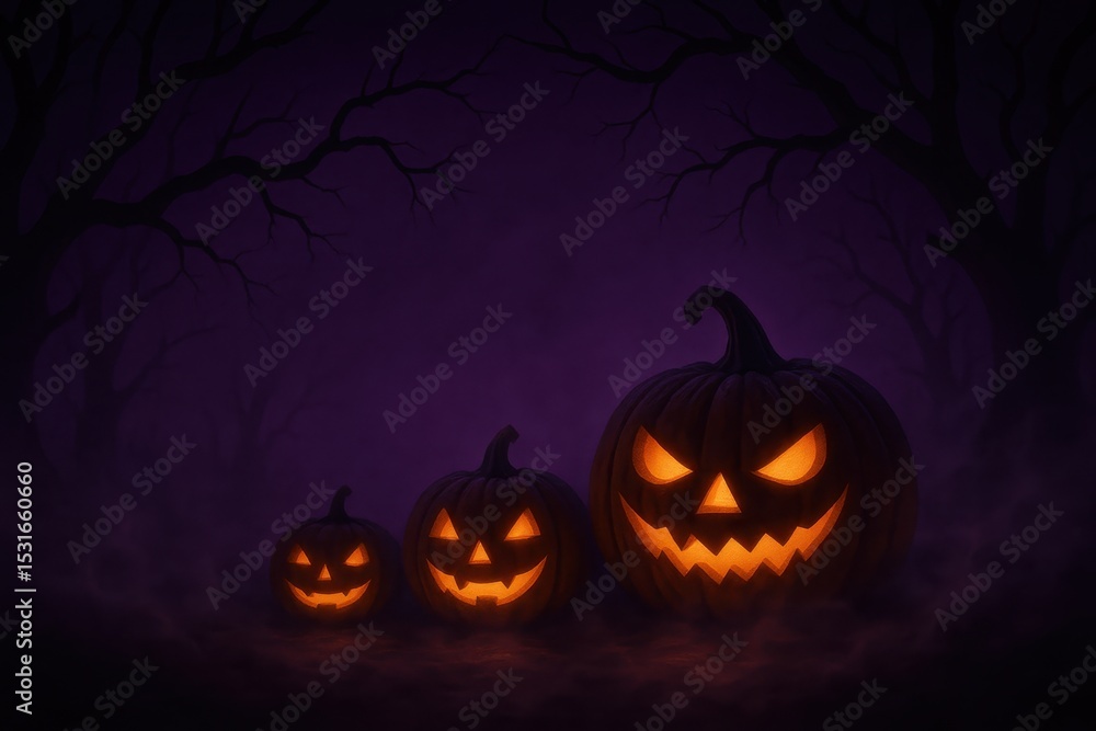 Spooky Halloween Purple Background with Glowing Pumpkins and Twisted Tree Silhouettes Spooky Halloween Purple Background with Glowing Pumpkins and Twisted Tree Silhouettes