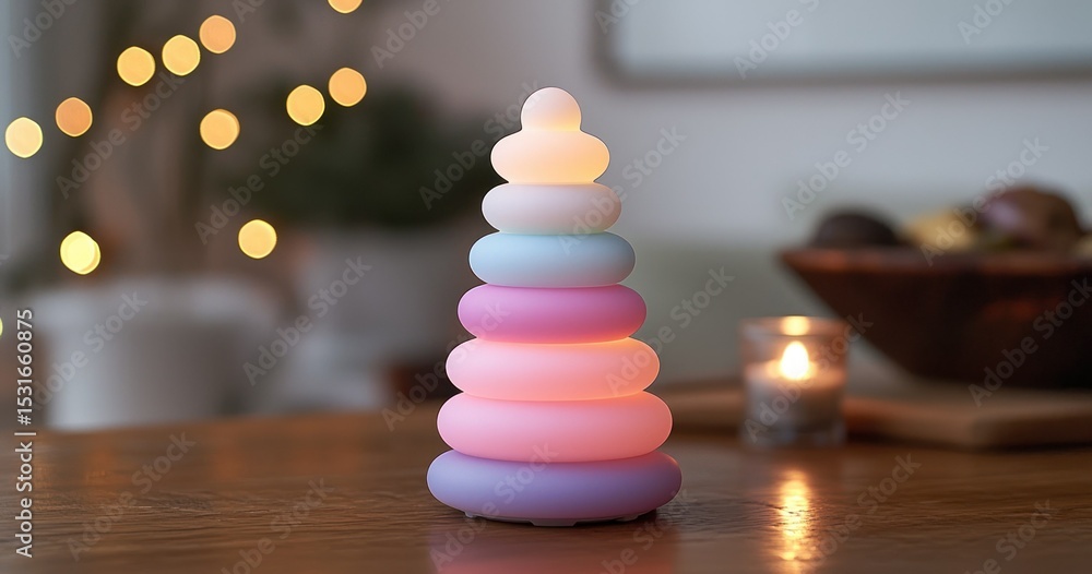 Obraz premium Stacked ring toy, glowing pastel hues, soft focus background