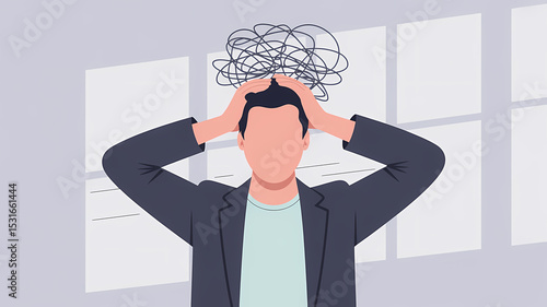 Office worker illustration confused and get headache due to complex problem or issue with stressful 