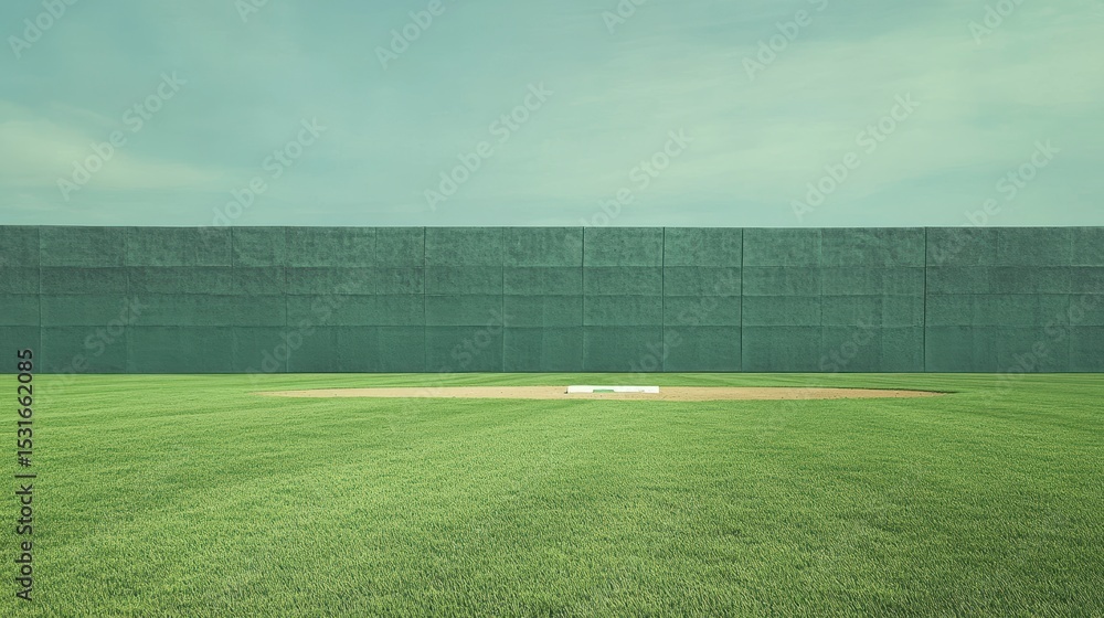 Fototapeta premium Empty baseball field with green wall and pitcher's mound.