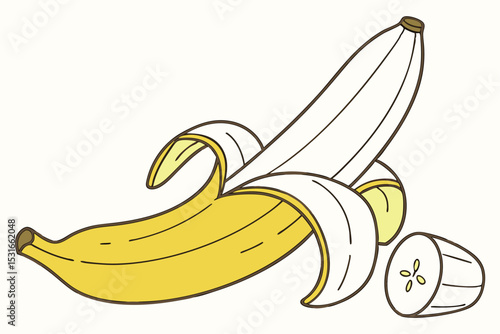 Cartoon drawing of a peeled banana and slice