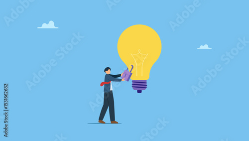 Businessman owner standing with a light bulb idea locked with a padlock for patent rights. Intellectual property, patented protection, copyright reserved or product trademark that cannot copy.