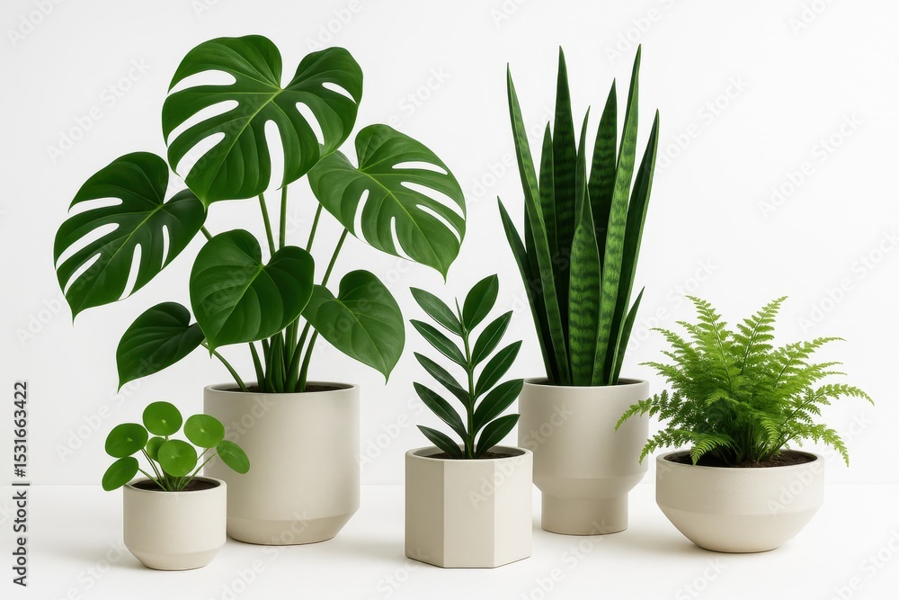 Obraz premium Contemporary Potted Plants Collection in Minimalist Ceramic Planters on Clean White Background