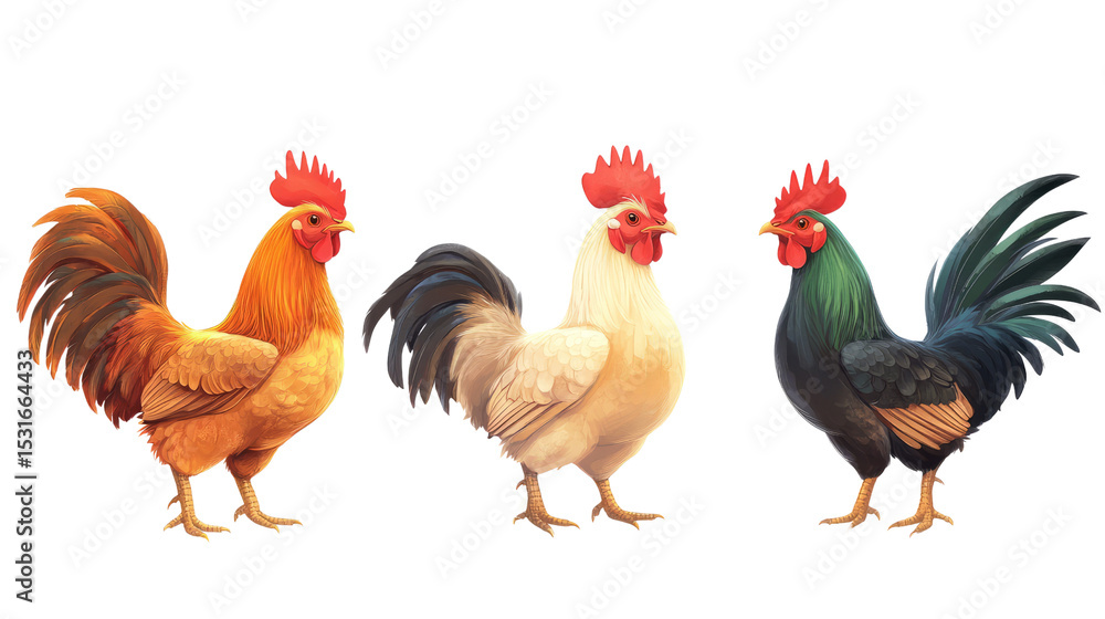 Fototapeta premium Colorful roosters displaying unique features in farmyard setting digital art vibrant environment creative viewpoint