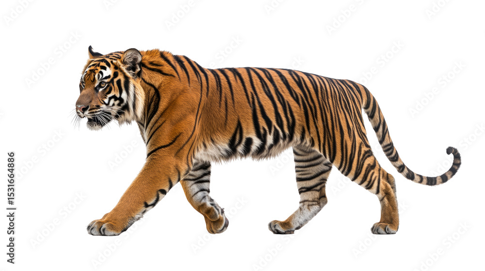 Obraz premium Majestic tiger walking gracefully in the wild nature reserve animal photography forest environment side view wildlife conservation
