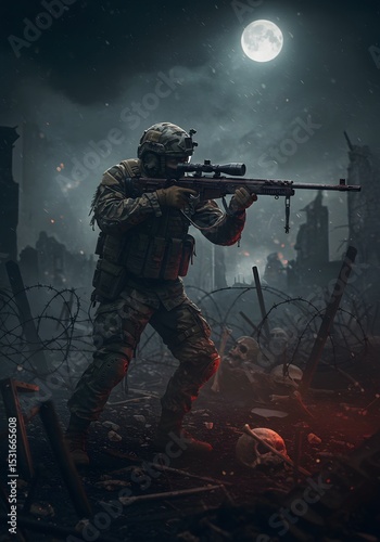Night Sniper Soldier in War Zone Battlefield Scene