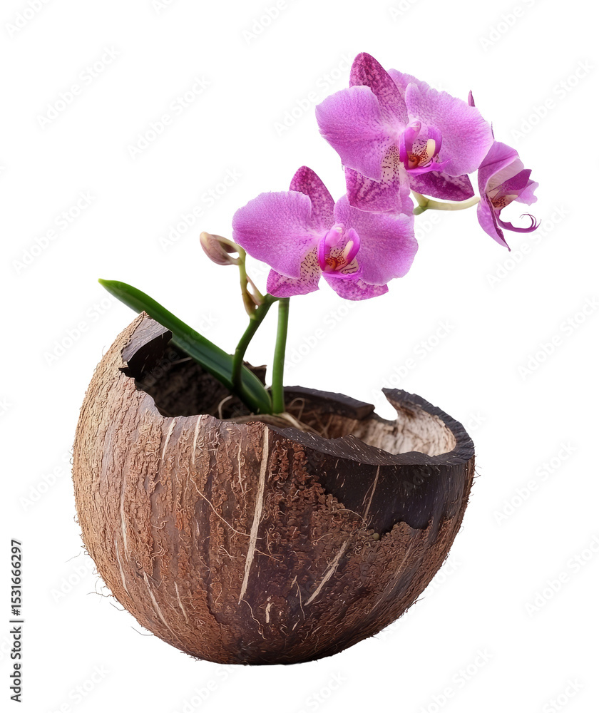 Obraz premium Elegant orchid bloom in coconut shell planter home decor floral arrangement indoor setting close-up aesthetic appeal
