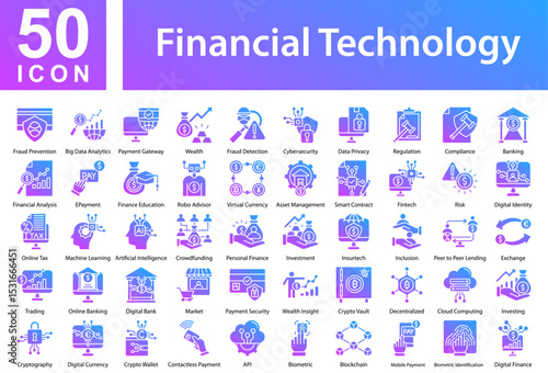 Financial Technology Icon Collection and Simple Concept Glyph Gradient, Containing: Fraud Prevention,Big Data Analytics,Payment Gateway,Wealth,Fraud Detection,Cybersecurity,Data Privacy,Regulation