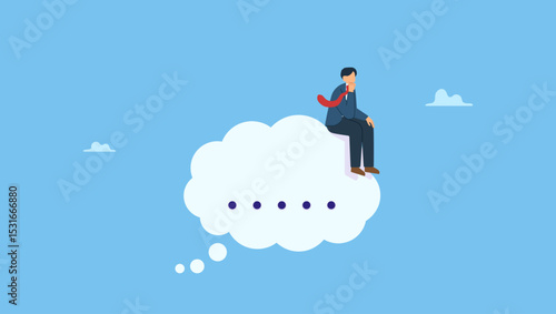 Thoughtful businessman sitting like thinker on thinking bubble. Symbolizes critical thinking to solve problem, focus on new idea, concentration or philosophy, skeptical or rational, think of solution.