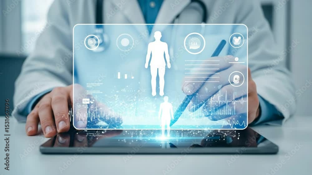 Tecnologías modernas en la medicina: un médico trabaja con una tableta digital con inteligencia artificial y hologramas - A doctor works with a digital tablet featuring artificial intelligence 