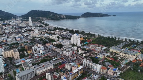 Aerial drone birds eye view patong town phuket city bangla road walking street beach coast thailand south east asia resort
