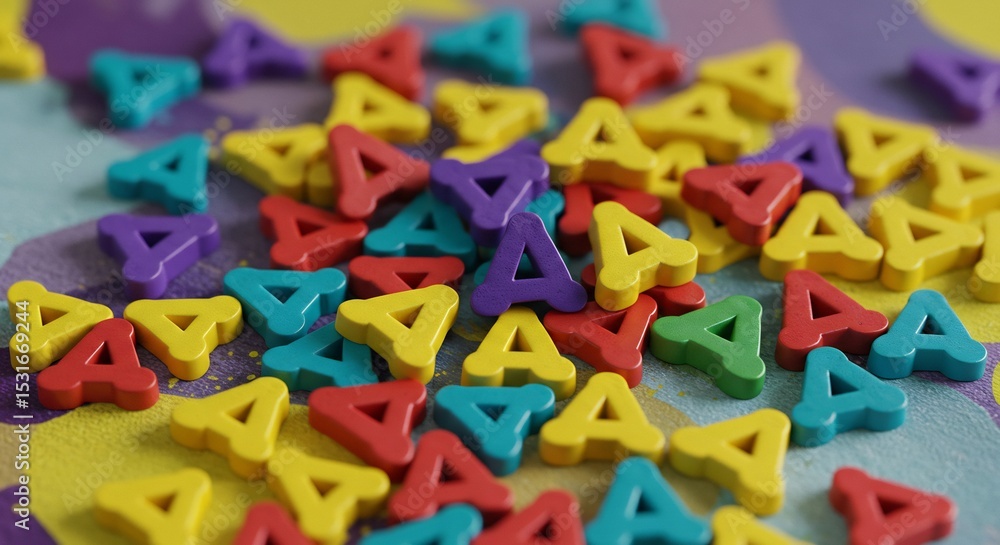 Naklejka premium Colorful plastic letter A beads scatter playfully across vibrant surface brightly lit. AI Generated