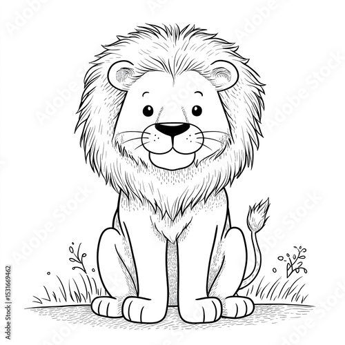 Cute lion cub sitting and smiling, coloring page for kids