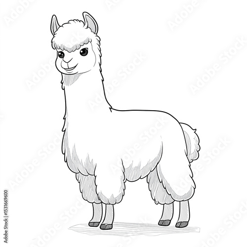 Cute alpaca smiling and standing, ready for coloring page fun