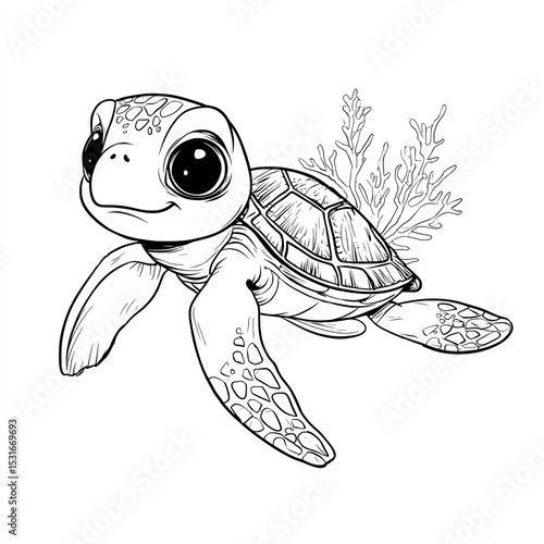 Cute baby sea turtle swimming near coral reef in black and white