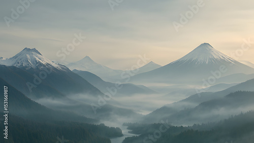Misty sunrise over snowy volcanoes and forested mountains in southern Chile, Los Andes region

