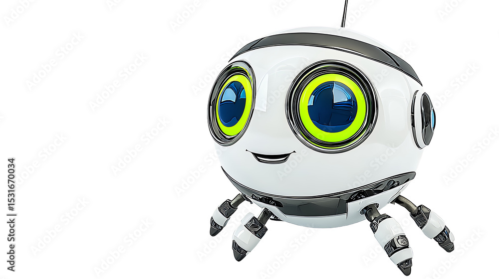 Spherical White Robot with Big Blue Eyes and Friendly Smile on Black Background Spherical White Robot with Big Blue Eyes and Friendly Smile on Black Background