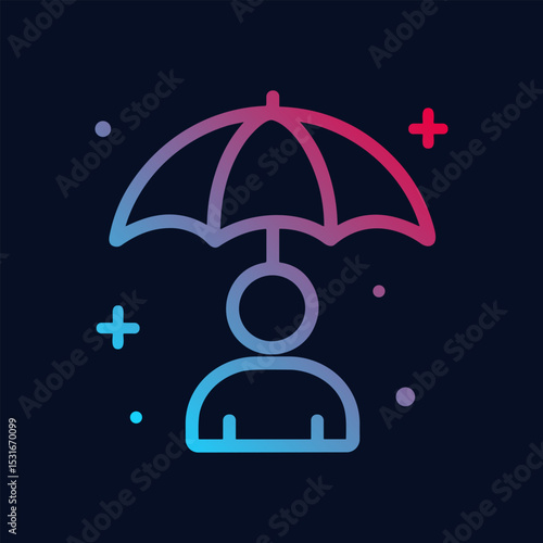 Protective umbrella shielding person in gradient. Icon symbol illustration