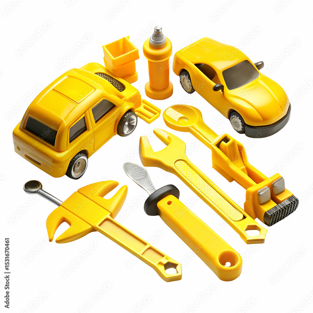 Yellow Toy Cars and Tools Isolated on White Background Yellow Toy Cars and Tools Isolated on White Background