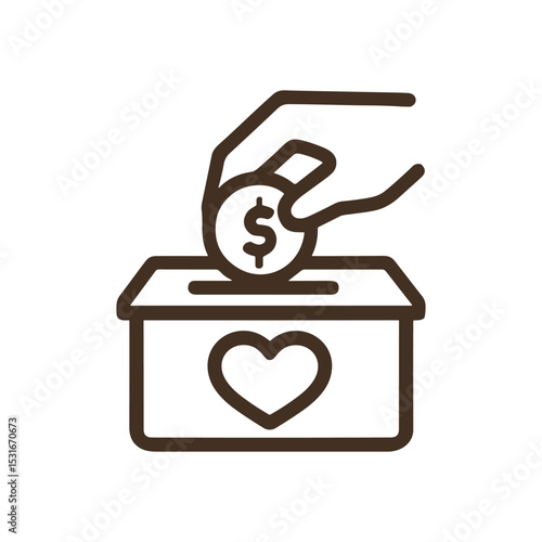 Giving coin to charity box. Icon symbol illustration