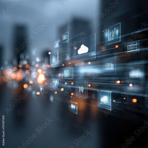 Abstract digital interface with data icons moving at speed. Blurry city lights in background