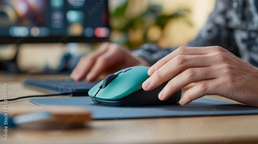 Close-up of hands using a computer mouse on a desk. Close-up of hands using a computer mouse on a desk.