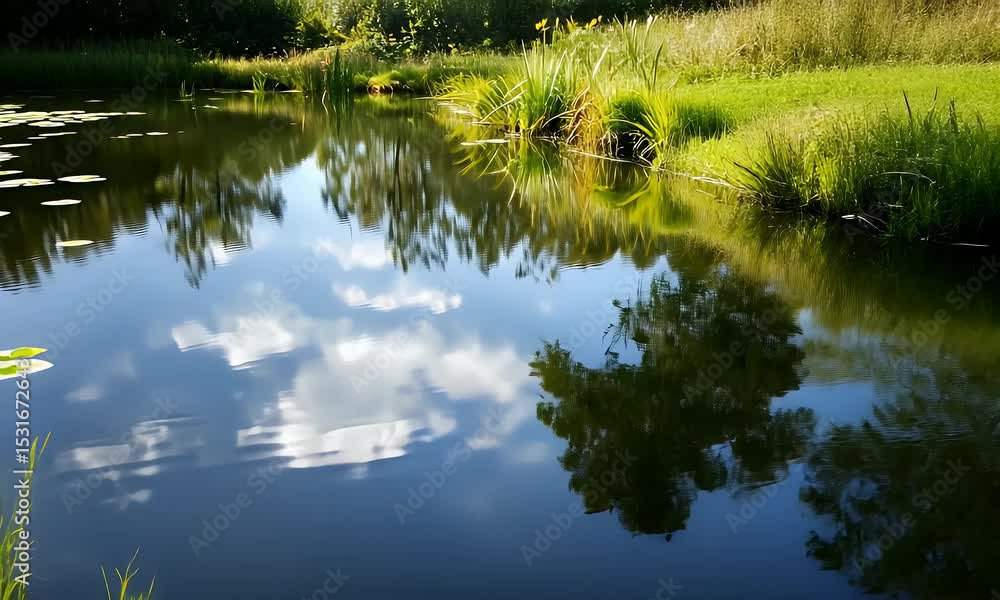 Serene Lake with Lily Pads and Tree Reflections Under Blue Sky on Sunny Day Serene Lake with Lily Pads and Tree Reflections Under Blue Sky on Sunny Day