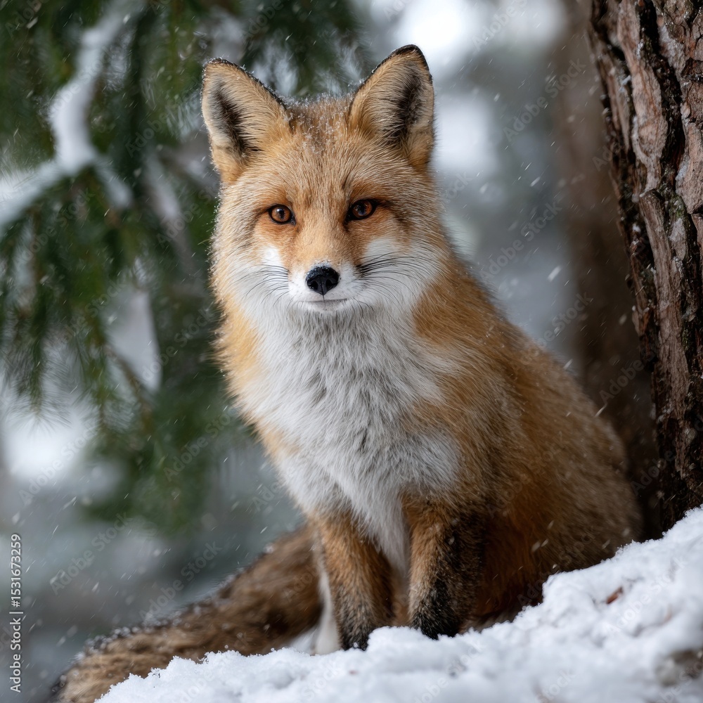 Fototapeta premium A fox is sitting in the snow, looking at the camera