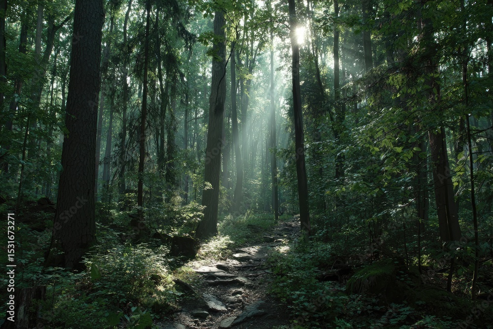 Obraz premium Sunlight streams through a misty forest path (1)
